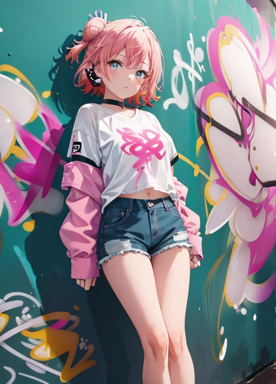 table top, high quality, 最high quality, High resolution, 4K, High resolution, beautiful lighting,highly detailed face, well drawn hands, beautifully drawn legs,well drawn feet,well drawn eyes,1 girl, short hair, pink hair, pink eyes, Yui, bun hair,denim shorts, choker, (graffiti:1.5), paint splatters, turn your arms behind your back, towards the wall, looking at the viewer, armband, thigh strap, paint on the body, head tilt, was bored, headset,(masterpiece:1.2), 最high quality, High resolution, unity 8k wallpaper, (figure:0.8), (beautiful and fine eyes:1.6), highly detailed face, perfect lighting, Very detailed CG, (perfect hands, perfect anatomy),