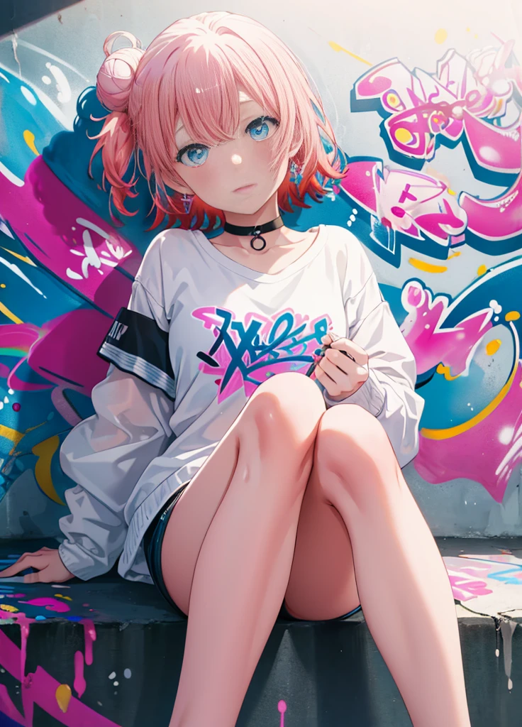 table top, high quality, 最high quality, High resolution, 4K, High resolution, beautiful lighting,highly detailed face, well drawn hands, beautifully drawn legs,well drawn feet,well drawn eyes,1 girl, short hair, pink hair, pink eyes, Yui, bun hair,denim shorts, choker, (graffiti:1.5), paint splatters, turn your arms behind your back, towards the wall, looking at the viewer, armband, thigh strap, paint on the body, head tilt, was bored, headset,(masterpiece:1.2), 最high quality, High resolution, unity 8k wallpaper, (figure:0.8), (beautiful and fine eyes:1.6), highly detailed face, perfect lighting, Very detailed CG, (perfect hands, perfect anatomy),