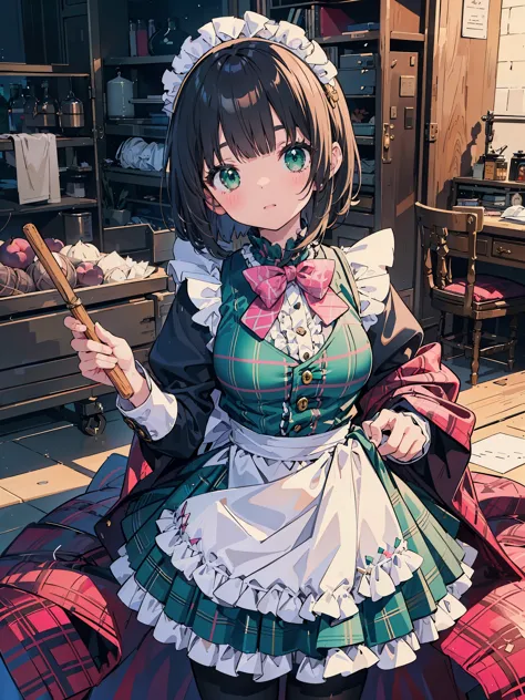 Legendary masterpieces、absolute resolution、Super detailed and realistic stick、one girl、cute girl、white brim、可愛いpink色の大きなリボン、(pink&Dark green plaid Victorian maid dress made of taffeta fabric, mainly shantung fabric and organdy fabric with beading processin...