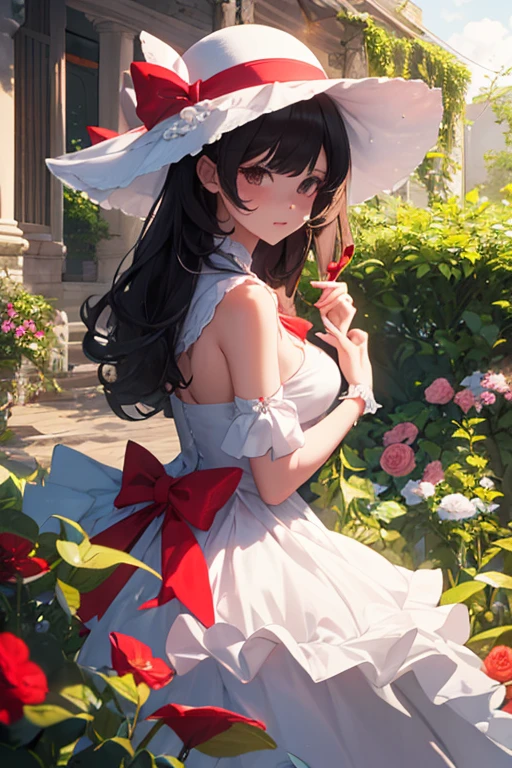 In a picturesque garden bathed in warm sunlight, a woman stands as a beacon of timeless elegance and grace. Her attire is a testament to her impeccable sense of style, and atop her head rests a magnificent white hat adorned with a meticulously crafted red bow. Every element of this hat exudes sophistication and attention to detail, making it a captivating accessory that complements her beauty.

The hat, fashioned from pristine white material, boasts a wide brim that elegantly frames her face. It provides a delicate shield from the sun's rays while accentuating her features with a touch of allure. The brim has been expertly molded to maintain its shape, with a subtle curvature that adds a hint of playfulness to its overall design.

Nestled on the side of the hat is a meticulously tied red bow, a vibrant burst of color against the pure white backdrop. The bow is crafted from sumptuous fabric that possesses a luxurious sheen, catching the light and drawing attention to its exquisite detailing. Each loop of the bow is perfectly formed, demonstrating a remarkable level of craftsmanship and precision. The tails of the bow cascade gracefully down the side of the hat, adding movement and a sense of whimsy to the ensemble.

As the woman moves with effortless grace, a gentle breeze rustles through the garden, causing the hat and its embellishment to sway delicately. The white hat, with its impeccable design and the boldness of the red bow, becomes a focal point, capturing the gaze of all who behold it. The contrast between the pure white and vibrant red creates a striking visual impact, symbolizing the woman's confidence and self-assuredness.

With her head held high, the woman exudes an air of confidence and sophistication. The hat with the red bow serves as a stunning accessory that elevates her overall appearance, adding a touch of refinement and allure. It exudes a sense of timelessness, reminiscent of a bygone era where elegance and style were paramount.

The hat's white