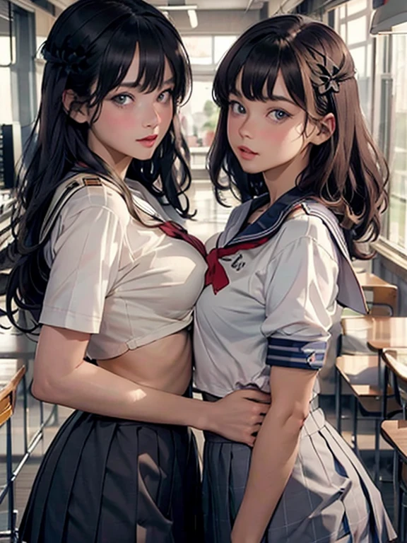 super fine illustration,masterpiece,best quality,ultra detailed,2girls,yuri,look at each other,eye contact,(sheer sailor school uniform:1.4),short sleeves,(covered nipples:1.1),breasts press against breasts,large breasts,medium hair,blush,shy,（super beatiful detailed big eyes：1.3）,(beautiful gray eyes), (looking at camera :1.2)