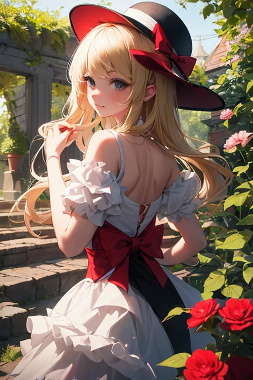 In a sunlit garden, a blonde woman stands with elegance and grace. Her attire showcases her impeccable style, and perched upon her head is a stunning white hat adorned with a meticulously crafted red bow. Every aspect of this hat exudes sophistication and attention to detail, making it a captivating accessory that complements her beauty immaculately.

The hat is made from pristine white material and features a wide brim that gracefully frames her face. It offers a delicate shield from the sun's rays while accentuating her features with an alluring touch. The brim has been expertly molded to maintain its shape, exhibiting a subtle curvature that adds a hint of playfulness to its overall design.

Gently nestled on one side of the hat is a meticulously tied red bow, which serves as a vibrant burst of color against the pure white backdrop. The bow is crafted from sumptuous fabric that possesses a luxurious sheen, catching the light and drawing attention to its exquisite detailing. Each loop of the bow is flawlessly formed, demonstrating a remarkable level of craftsmanship and precision. The tails of the bow cascade gracefully down the side of the hat, adding movement and a sense of whimsy to the ensemble.

As the woman moves with effortless grace, a gentle breeze rustles through the garden, causing the hat and its embellishment to sway delicately. The white hat, with its impeccable design and the boldness of the red bow, becomes a focal point, capturing the gaze of all who behold it. The contrast between the pure white and vibrant red creates a striking visual impact, symbolizing the woman's confidence and self-assuredness.

With her head held high, the blonde woman exudes an air of confidence and sophistication. The hat with the red bow serves as a stunning accessory that elevates her overall appearance, adding a touch of refinement and allure. It exudes a sense of timelessness, reminiscent of a bygone era where elegance and style were paramount.

The hat's white brill