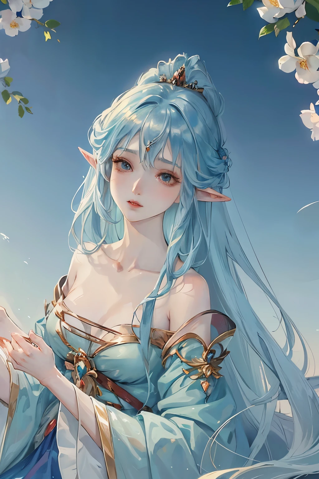 wearing blue clothes、Long-haired anime girl wearing a crown, ((beautiful fantasy queen beautiful fantasy queen, beautiful figure painting, ethereal beauty, Beautiful anime woman, fantasy art style, Beautiful anime style, Beautiful fantasy anime, A beautiful anime portrait, anime goddess, beautiful anime girl, Beautiful and elegant elf queen, ethereal fantasy, palace ， A girl wearing Hanfu