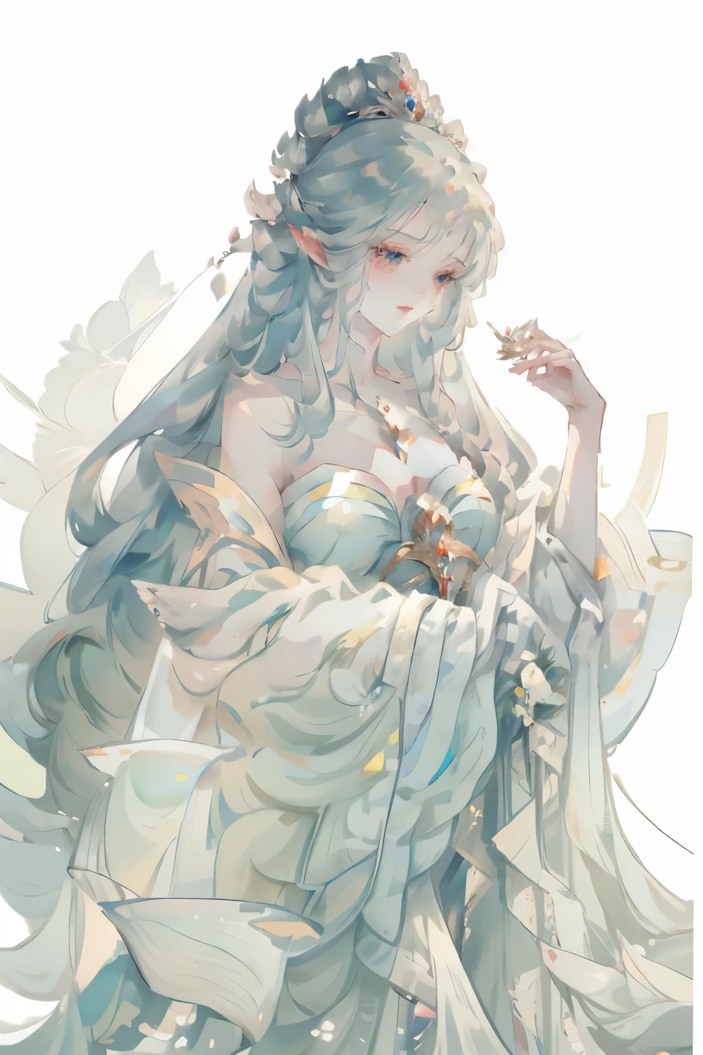 wearing blue clothes、Long-haired anime girl wearing a crown, ((beautiful fantasy queen beautiful fantasy queen, beautiful figure painting, ethereal beauty, Beautiful anime woman, fantasy art style, Beautiful anime style, Beautiful fantasy anime, A beautiful anime portrait, anime goddess, beautiful anime girl, Beautiful and elegant elf queen, ethereal fantasy, palace ， A girl wearing Hanfu v