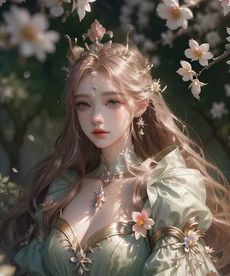 there is a woman，there is a flower in his hair, 3d animation realistic, ((beautiful fantasy queen)), the animations are rich in ...