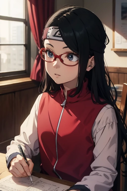 Sarada, Cabelo preto curto , olhos pretos, and with red glasses , nova com uma tez de pele clara , tem 18 anos , Este aumento de pesos , Parte superior do corpo , Seios gordinhos e gordinhos , Use uma roupa shinobi , It's in the dining hall of Shinobi Academy