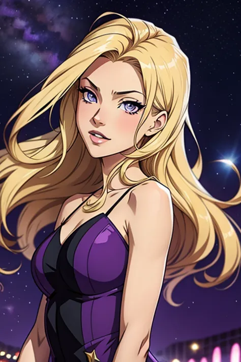Anime style of light blonde hair with violet colored eyes blowing bubbles under the starry sky