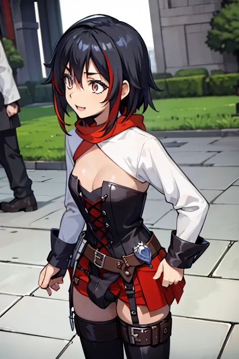 Anime Detailed Beautiful fantasy Woman, small , long black hair with red highlights, (big bulge), big cock, (big dick), silver eyes, hair tips are red