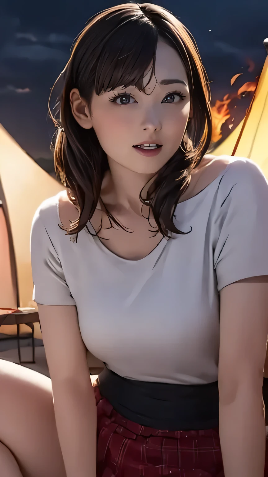 (high definition images, atmospheric perspective, 8k, super detail, accurate, best quality), a woman, slim figure, round face, eyes with realistic sizing, drooping eyes, realistic skin, joying ecstasy, spread her legs, sky, dark hour of down, casual clothes, skirt, campsite, focus on camp gears, firepit, hair up,