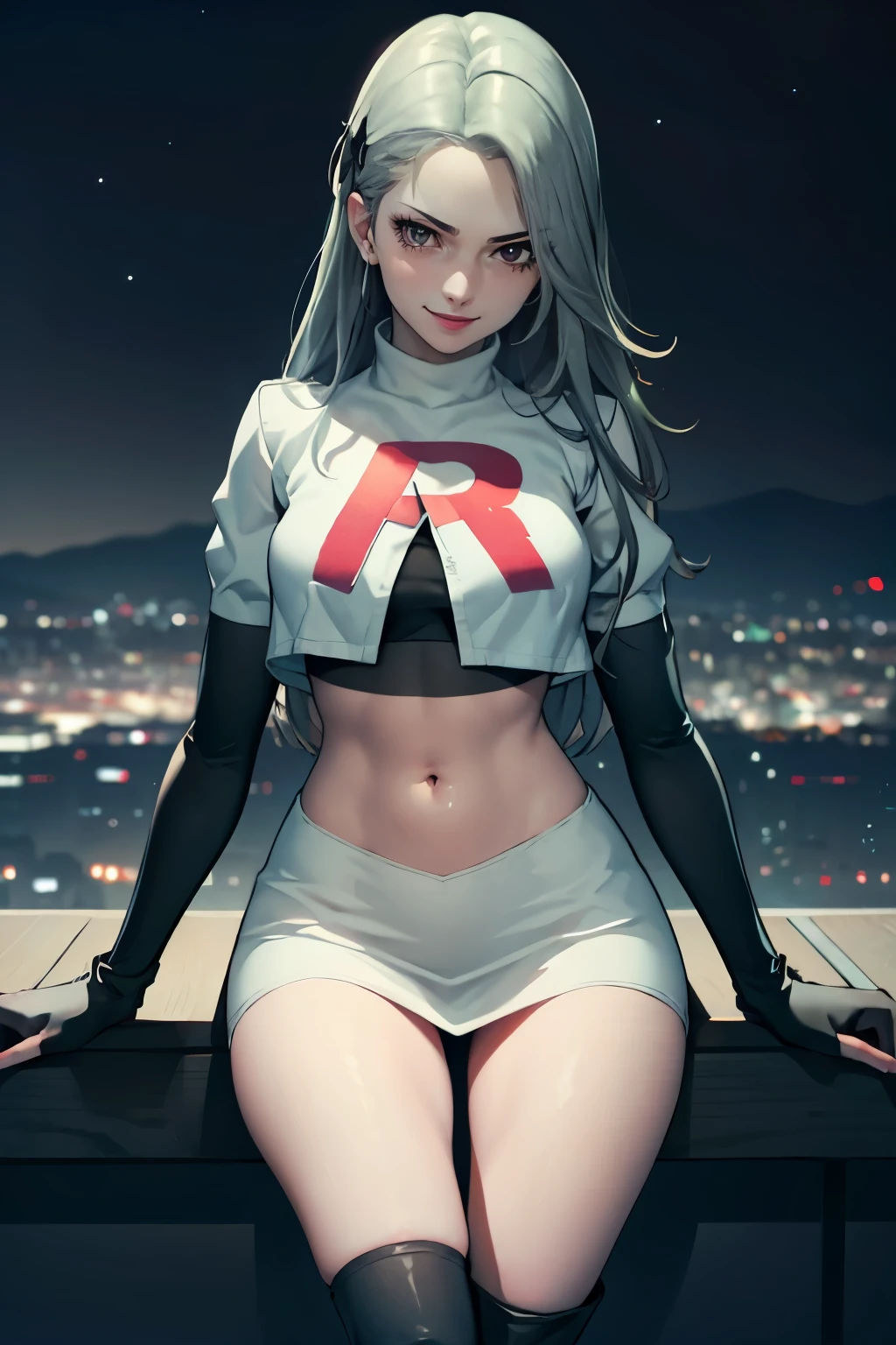 saep5 ,glossy lips ,team rocket uniform, red letter R, white skirt,white crop top,black thigh-high boots, black elbow gloves, evil smile, sitting down, looking down on viewer ,legs crossed, night sky background