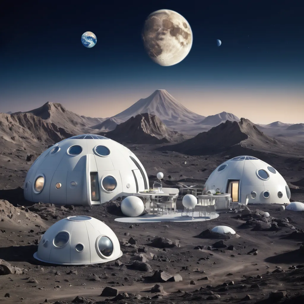 capsuled resort in the moon, the planet earth in the background of the photo