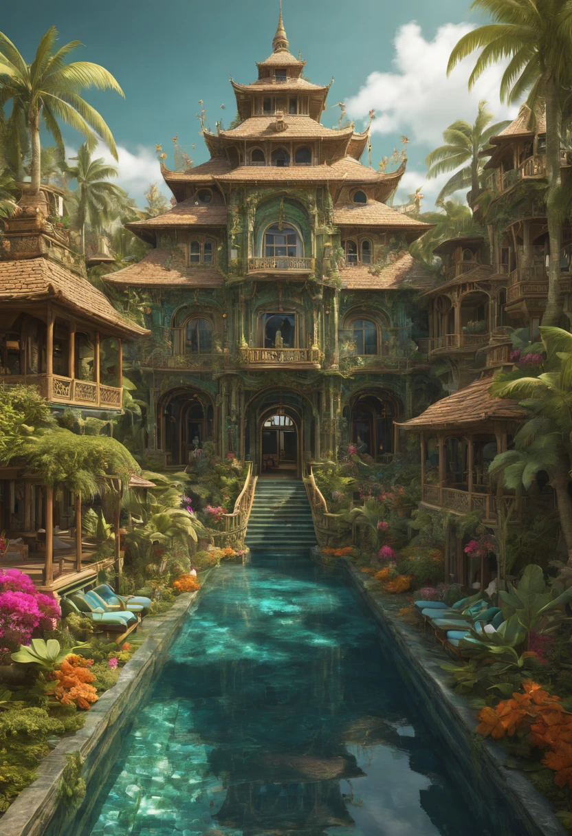 detailed intricate resort, fantastical, digital art, photography