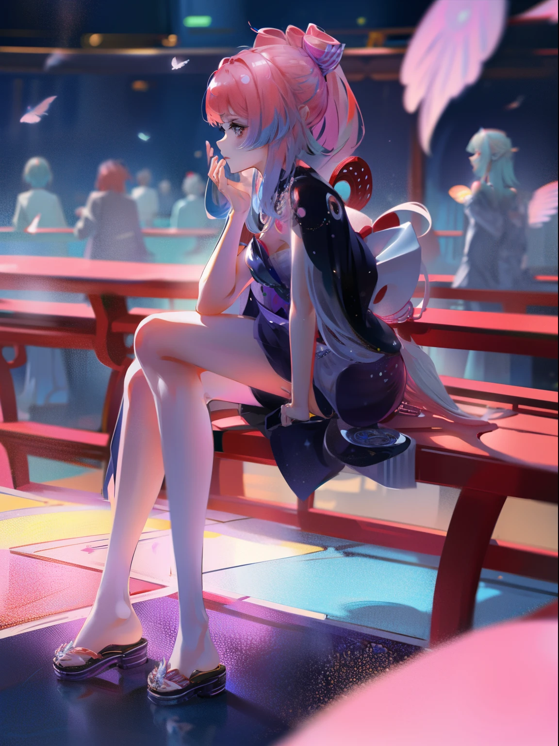 Girl with blue-pink hair and peacock feathers, Inspired by Ming Yanchun, Japan CG Association, 🌺 anime style. 8k, anime style 3D, CG station is popular, 8k high quality detailed art, Gouves style artwork, fantasy art style, Realistic anime 3D style, anime inspiration, anime style mixed with Fujifilm，suspended in the air，sitting position