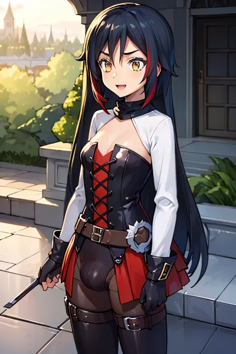 Anime Detailed Beautiful fantasy Woman, small , long black hair with red highlights, (big bulge), big cock, (big dick), silver eyes, hair tips are red