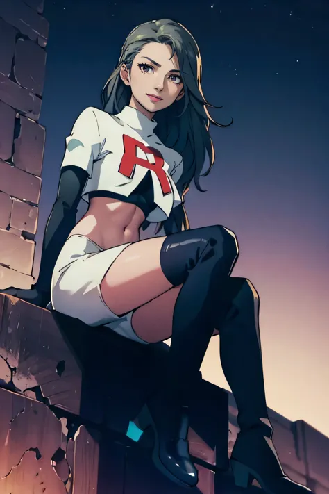 saep5 ,glossy lips ,team rocket uniform, red letter R, white skirt,white crop top,black thigh-high boots, black elbow gloves, ev...