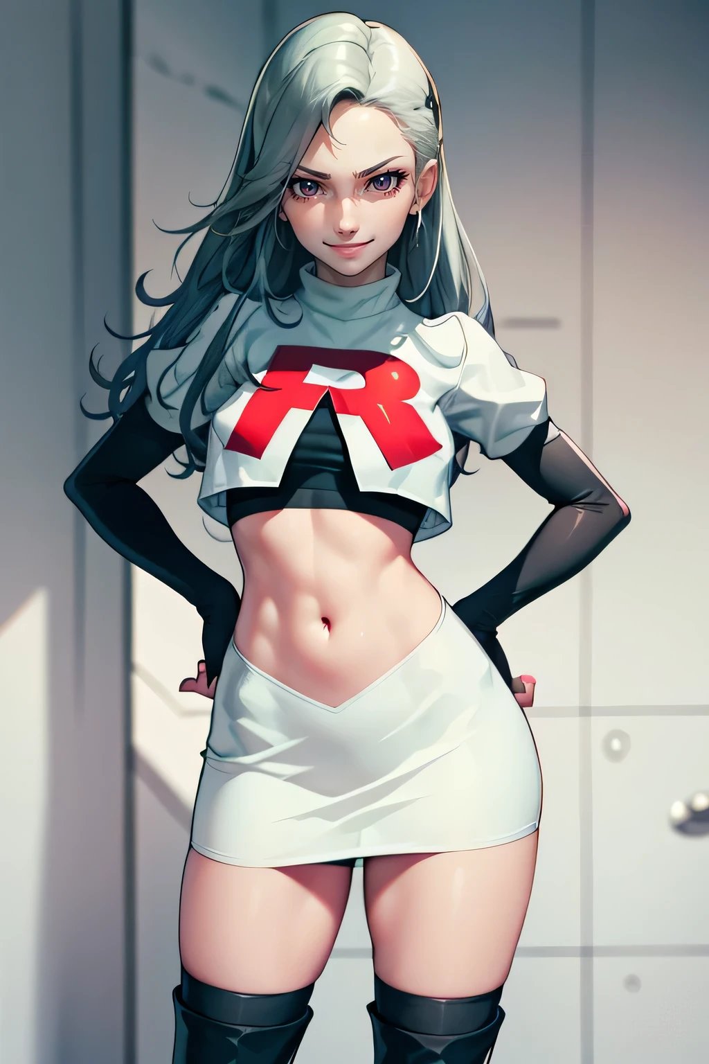 saep5 ,glossy lips ,team rocket uniform, red letter R, white skirt,white crop top,black thigh-high boots, black elbow gloves, evil smile, hands on hips