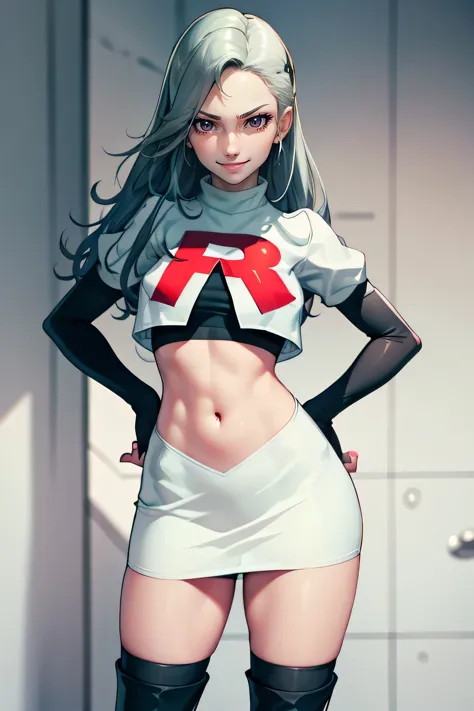 saep5 ,glossy lips ,team rocket uniform, red letter R, white skirt,white crop top,black thigh-high boots, black elbow gloves, ev...