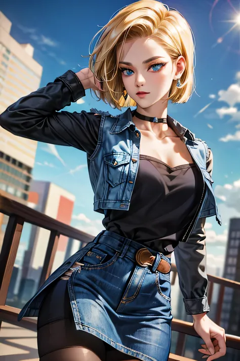 android 18, android 18, blonde hair, blue eyes, eyelash, hoop earrings, short hair, earrings, break belt, black legwear, black s...