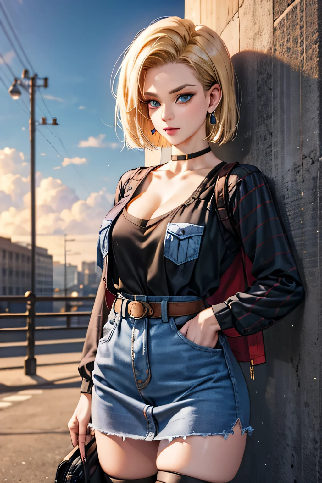 android 18, android 18, blonde hair, blue eyes, eyelash, hoop earrings, short hair, earrings, break belt, black legwear, black shirt, breast pocket, cleavage, clavicle, denim, denim skirt, high-waist skirt, jewelry, long sleeve, pocket, shirt, shirt tucked in, skirt, striped, striped sleeves, waistcoat,, break outdoors, city, null, cloud, sun, break looking at viewer, (cowboy shot:1.5), break (masterpiece:1.2), highest quality, High resolution, unity 8k wallpaper, (shape:0.8), (beautiful and detailed eyes:1.6), highly detailed face, perfect lighting, Very detailed CG, (perfect hands, perfect anatomy)