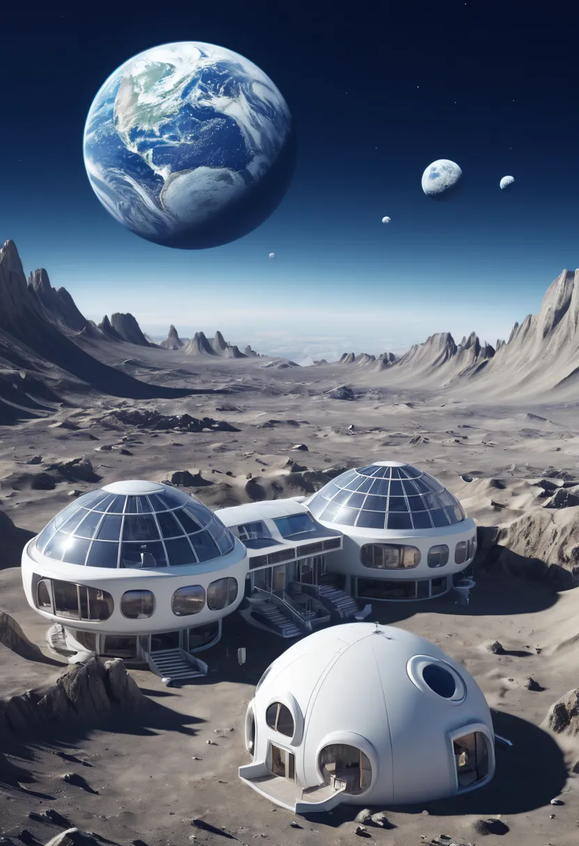 capsuled resort in the moon, we can see the planet earth in the background of the photo