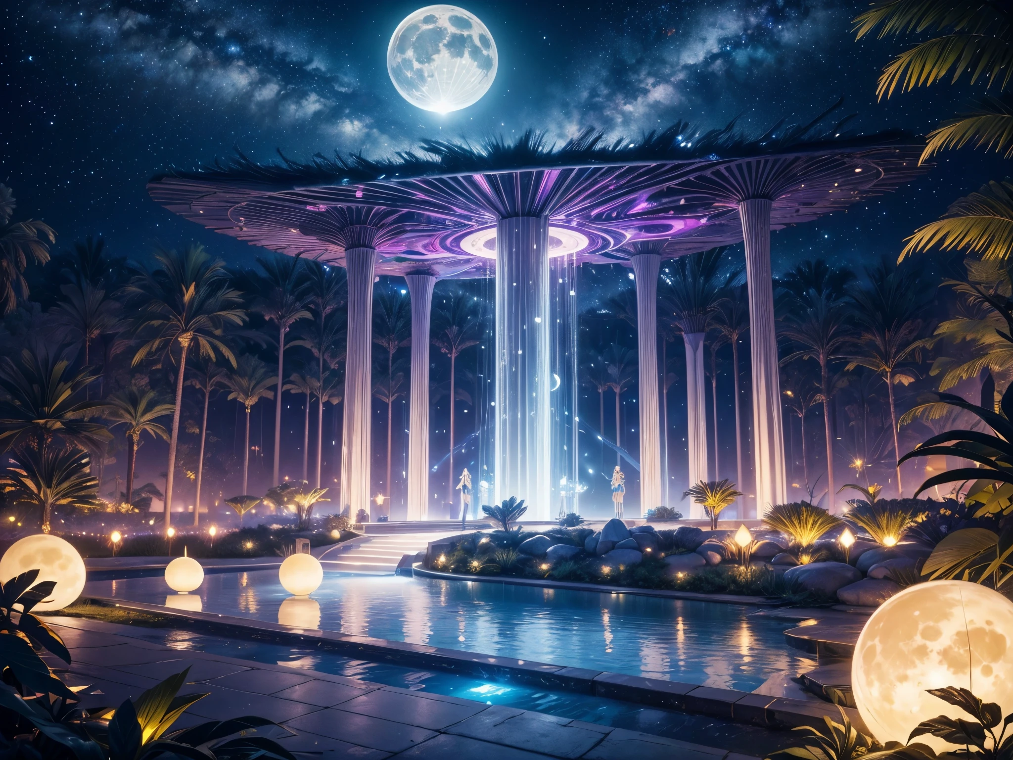 (best quality,4k,8k,highres,masterpiece:1.2),ultra-detailed,realistic,outer space,extraterrestrial beings,alien resort on the moon,crystal clear sky,giant transparent dome,hovering spaceships,long walkways lined with futuristic trees,reflective surfaces,high-tech buildings,floating gardens,intricate architecture,multiple moons in the night sky,illuminated by soft moonlight,celestial decorations,holographic displays,cosmic music,visitors in futuristic attire,glimmering pathways,exotic flora and fauna,zero gravity zones,panoramic views of the galaxy,galactic cuisine,interstellar transportation systems,colorful light installations,cosmic cocktails,alien language translation devices,relaxing spa treatments,floating hotels,moonwalking dance floor,lunar adventures,twinkling stars,tidal forces,celestial pleasures,mysterious moon artifacts,solar-powered energy,otherworldly sculptures,peaceful ambiance,extravagant lunar parties,zero pollution environment,stellar beachfront,stellar beach activities,giant lunar crystals,moon buggy tours,enchanting moon gardens,breathtaking lunar landscapes,intergalactic communication devices,luminous moon resorts.