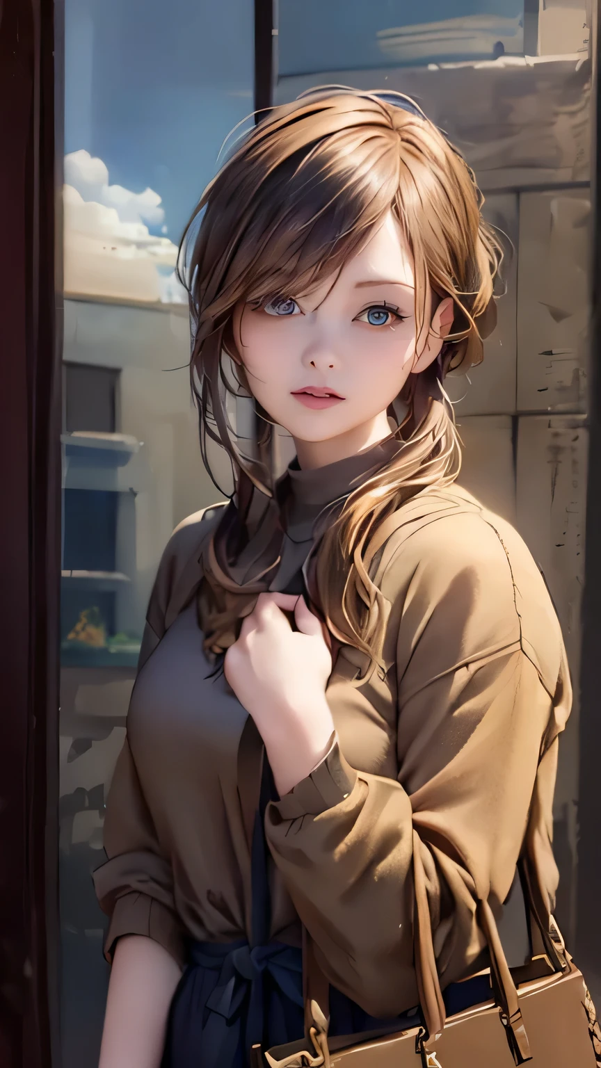 (high definition images, atmospheric perspective, 8k, super detail, accurate, best quality), (a woman with a bag, slim figure, freshness, round face, eyes with realistic sizing, drooping eyes, realistic skin, light makeup, joying ecstasy), sky, dark hour of down, casual clothes, window shopping, on the sidewalk, hair up, 