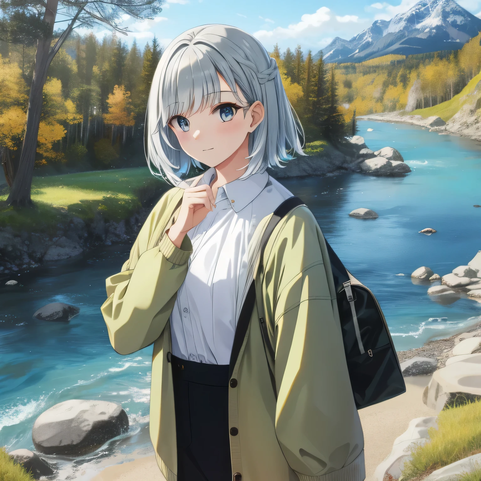 Anime girl with gray hair and backpack standing in front of a river -  SeaArt AI