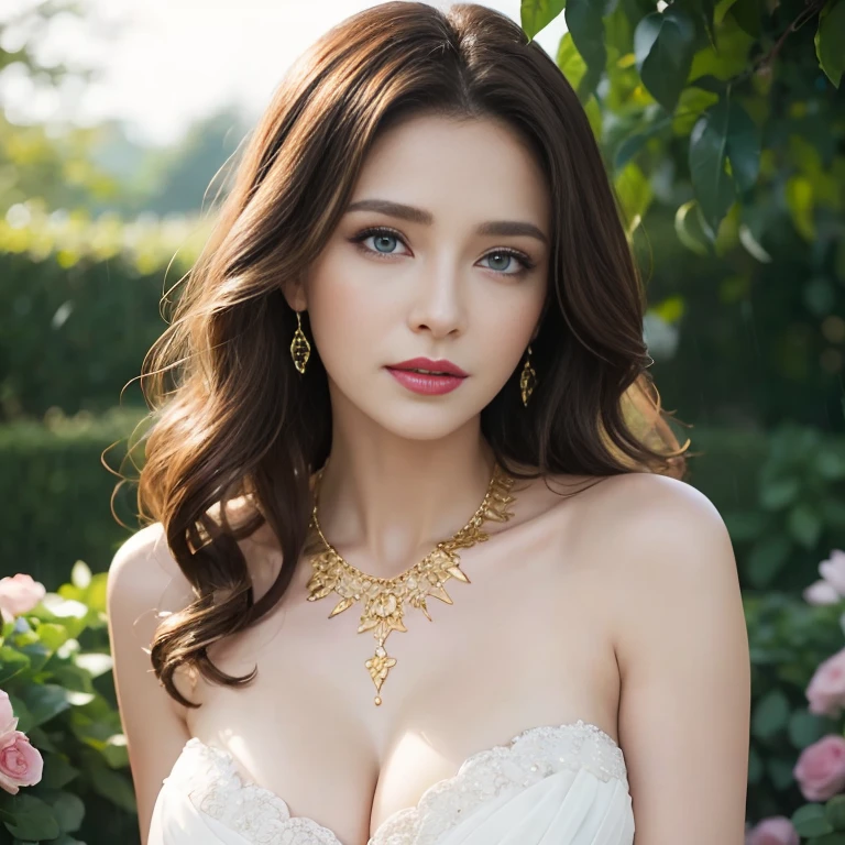 Beautiful woman of 43 years old brown hair wavy body and breasts voluptuous white wedding dress torn broken gold necklace in garden raining detailed face sad crimson lips blue eyes 