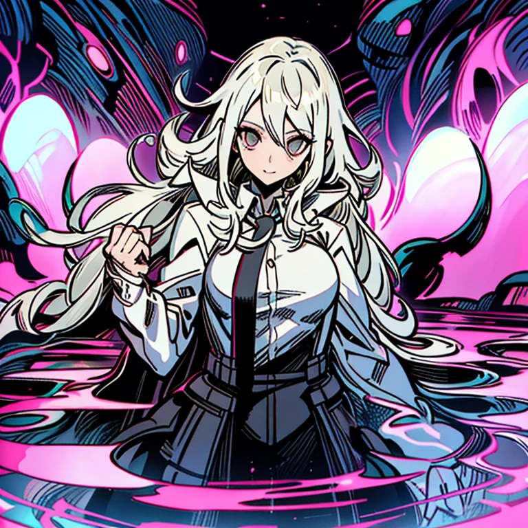 una mujer vestida de blanco y negro tirada en el suelo, Persona 5 art style, nagito komaeda, equipo culpable se esfuerza arte salpicado, Kawacy, arte digital de danganronpa, Obra oficial, Nagito Komaeda desde Danganronpa, shigenori soejima illustration, chico guapo en el arte de Demon Slayer, Cyborg 