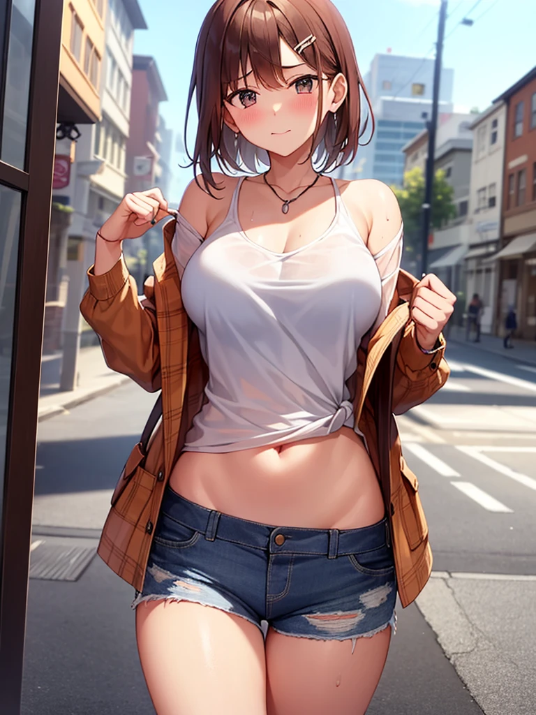 ((alone)), city, street, ((white shirt)), wet shirt, ((blush:1.2)), embarrassing, (raise your chin), 1 girl, hairpin, huge breasts, denim shorts, ((shorts that cut into the crotch)), ((long and thin legs)), ((thin waist)), thick thighs, cowboy shot, Close your legs, Beautiful woman, adult woman, sexy, (raise your arms), cute face, cute reaction