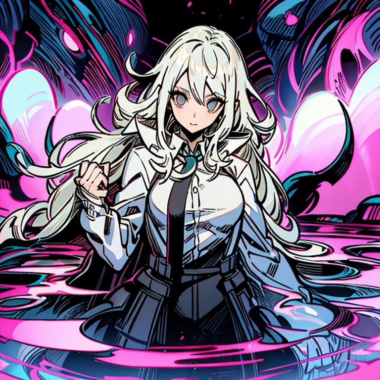 una mujer vestida de blanco y negro tirada en el suelo, Persona 5 art style, nagito komaeda, equipo culpable se esfuerza arte salpicado, Kawacy, arte digital de danganronpa, Obra oficial, Nagito Komaeda desde Danganronpa, shigenori soejima illustration, chico guapo en el arte de Demon Slayer, Cyborg guerrero.