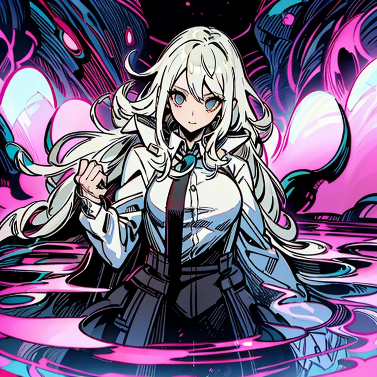 una mujer vestida de blanco y negro tirada en el suelo, Persona 5 art style, nagito komaeda, equipo culpable se esfuerza arte salpicado, Kawacy, arte digital de danganronpa, Obra oficial, Nagito Komaeda desde Danganronpa, shigenori soejima illustration, chico guapo en el arte de Demon Slayer, Cyborg guerrero.