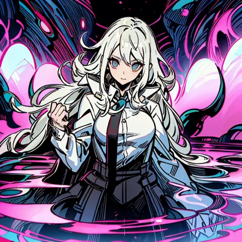 una mujer vestida de blanco y negro tirada en el suelo, Persona 5 art style, nagito komaeda, equipo culpable se esfuerza arte sa...