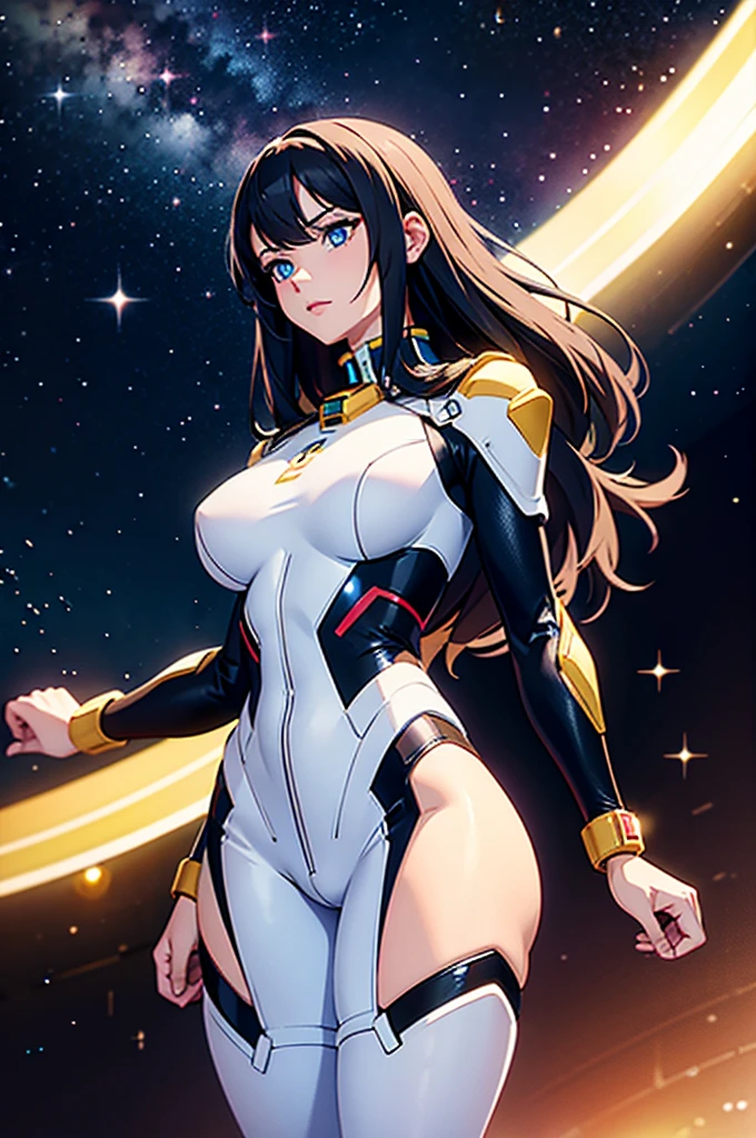 (best quality,4k,8k,highres,masterpiece:1.2),ultra-detailed,anime girl fantasy,sci-fi,space suit,big chest,front view,solo photo,thick hair,thick thighs,standing,thick legs,colorful,powerful lighting,deeper shadows,sharp focus,detailed facial features,sparkling eyes,background with celestial elements.