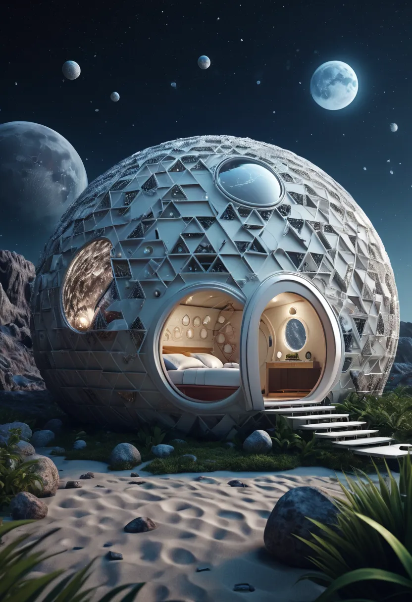 (best quality,4k,8k,highres,masterpiece:1.2),ultra-detailed, A capsuled modern hi-fi hotel-resort, the resort in the planet moon...