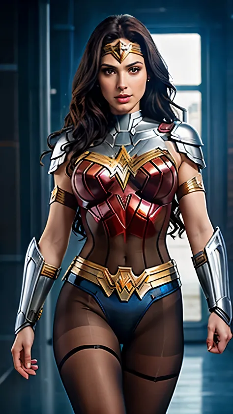 (Wonder Woman) with Iron Man style armor, white and gold color scheme, beautiful face, gorgeous, incredibly attractive, palladium bodice, ((huge breasts)), armored palladium female chest piece, platinum battle skirt, platinum shin guards, ((feet in view)),...