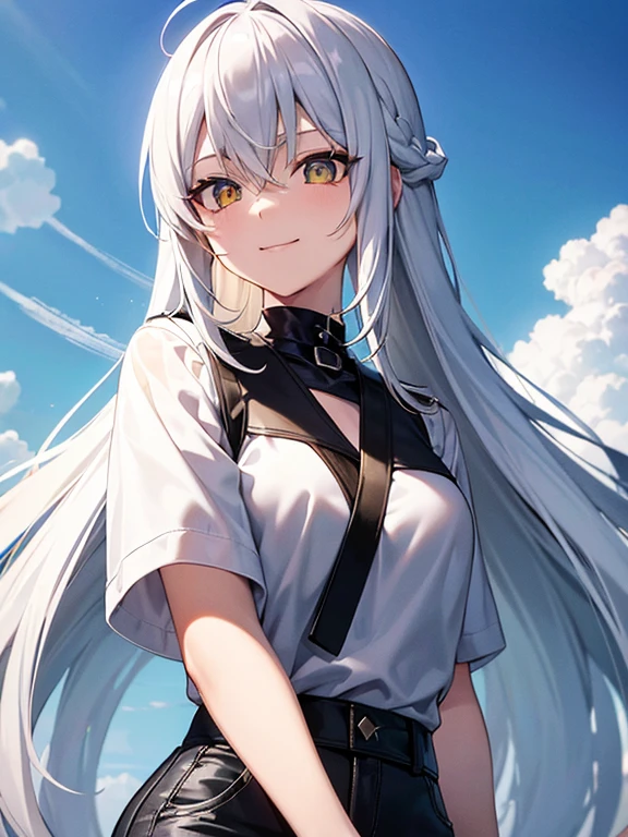 Anime kawaii, White Haired, Long hairstyles, Yellow Vertical pupil, Aviator black shade, (Wicked Smiles), A girl, Wearing black Loose O-neck sweat-shirt, on her neck, wearing a black jeans,ray,backlighting, masterpiece, best quality, exquisite,8k,absurdres ,super fine illustration,(looking at viewer), Back Ground, Wallpaper (((Cloud clear blue sky)),
