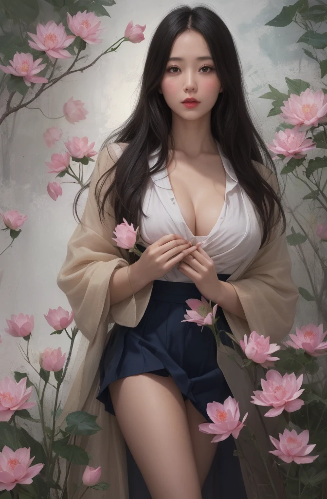 1female，45 yers old，Married Woman，Milf，plumw，extremely large bosom， solo，（Background with：ponds，Cherry blossom forest，lotus flower）standing on your feet， She has short black hair，seen from the front，， mostly cloudy sky，（（（tmasterpiece），（Very detailed CG unity 8K wallpaper），best qualtiy，cinmatic lighting，detailed back ground，beatiful detailed eyes，Bright pupils，Black eyes，Snow-whiteskin，Redlip（Very fine and beautiful），（Beautiful and detailed eye description），ultra - detailed，tmasterpiece，））facing at camera，A high resolution，ultra - detailed），revealing breasts，just genitalia，  Bulge，legs are open，Raised sexy，Camel toes，Desire for dissatisfaction，frontage，Navy，elementary student，（Wearing：see-through school uniform，Transparent sailor uniform，Puffy skirt，just ，）