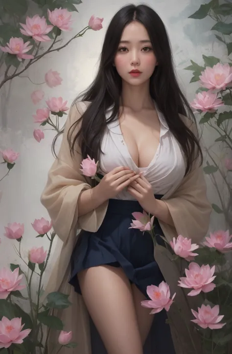 1female，45 yers old，Married Woman，熟妇，plumw，extremely large bosom， 独奏，（Background with：ponds，Cherry blossom forest，lotus flower）s...