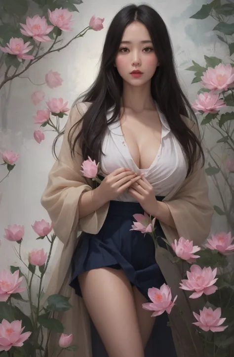 1female，45 yers old，married woman，熟妇，plumw，extremely large bosom， 独奏，（background with：ponds，cherry blossom forest，lotus flower）s...