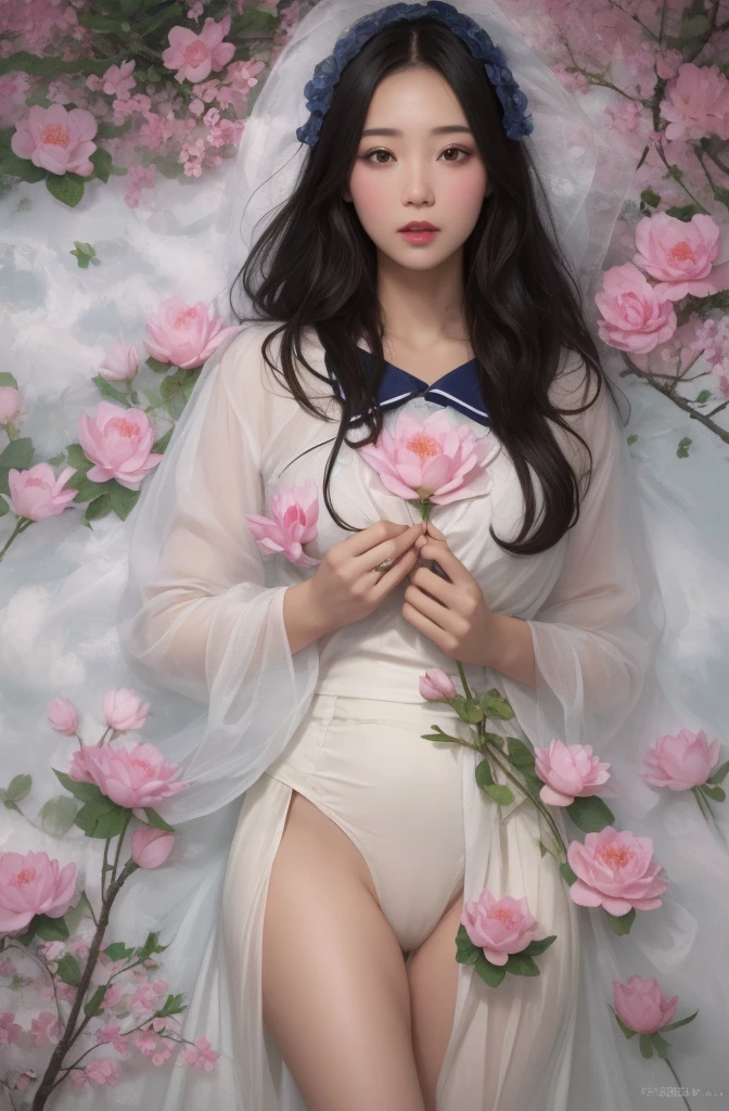 1female，45 yers old，Married Woman，MILF，plumw，extremely large bosom， solo，（Background with：ponds，Cherry blossom forest，lotus flower）standing on your feet， She has short black hair，seen from the front，， mostly cloudy sky，（（（tmasterpiece），（Very detailed CG unity 8K wallpaper），best qualtiy，cinmatic lighting，detailed back ground，beatiful detailed eyes，Bright pupils，Black eyes，Snow-whiteskin，Redlip（Very fine and beautiful），（Beautiful and detailed eye description），ultra - detailed，tmasterpiece，））facing at camera，A high resolution，ultra - detailed），revealing breasts，just genitalia，  Bulge，legs are open，Raised sexy，Camel toes，Desire for dissatisfaction，frontage，Navy，elementary student，（Wearing：see-through ，Transparent sailor uniform，Puffy skirt，just ，）