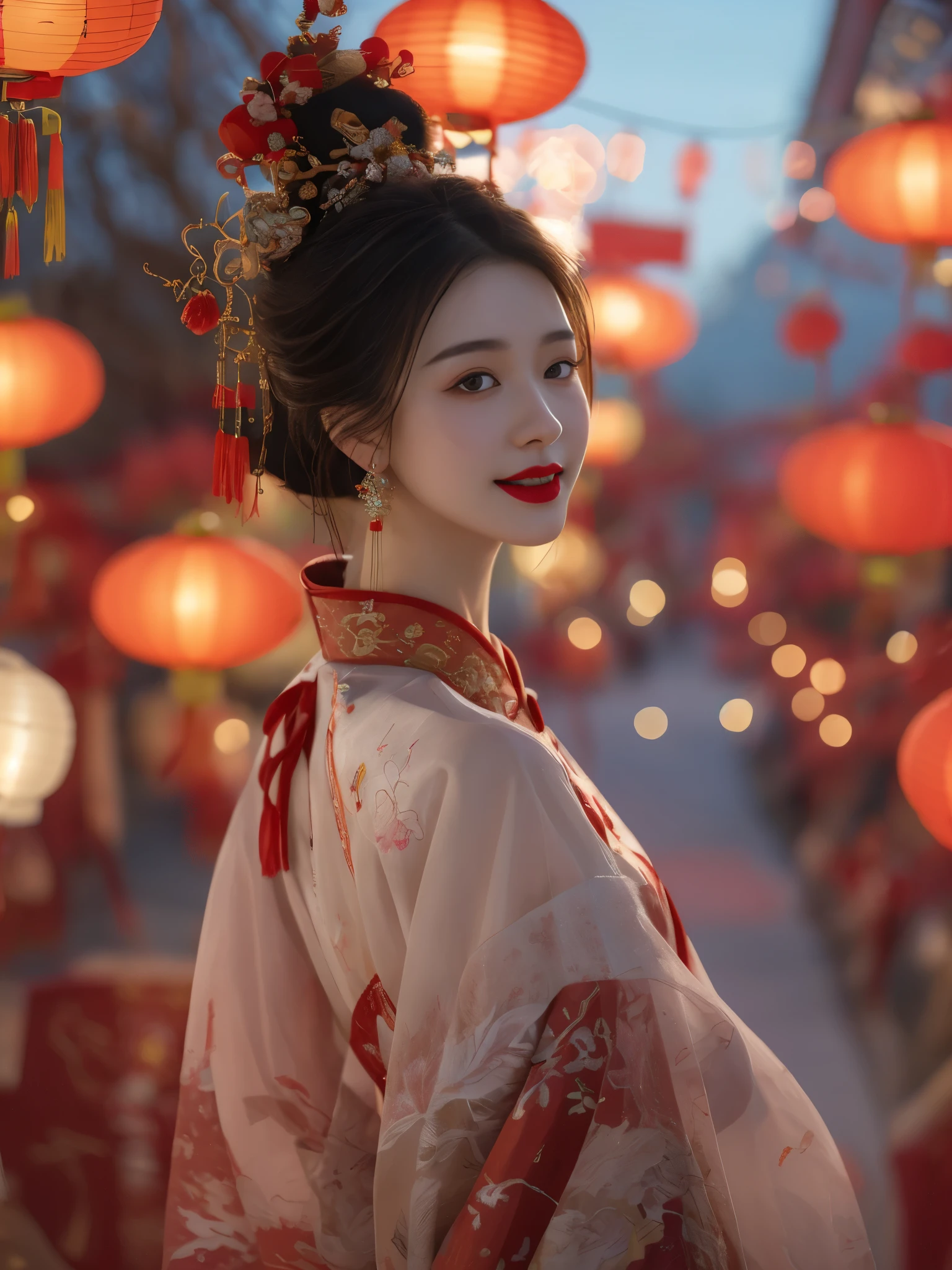 Spring Festival,1girl,solo,lantern,red lips,hair ornament,looking at viewer,chinese clothes,blurry,upper body,paper lantern,earrings,jewelry,makeup,black hair,brown hair,lipstick,smile,
best quality,masterpiece,illustration,an extremely delicate and beautiful,CG,unity,8k wallpaper,Amazing,finely detail,masterpiece,official art,extremely detailed CG unity 8k wallpaper,incredibly absurdres,huge filesize,ultra-detailed,highres,extremely detailed,beautiful detailed girl,realistic,