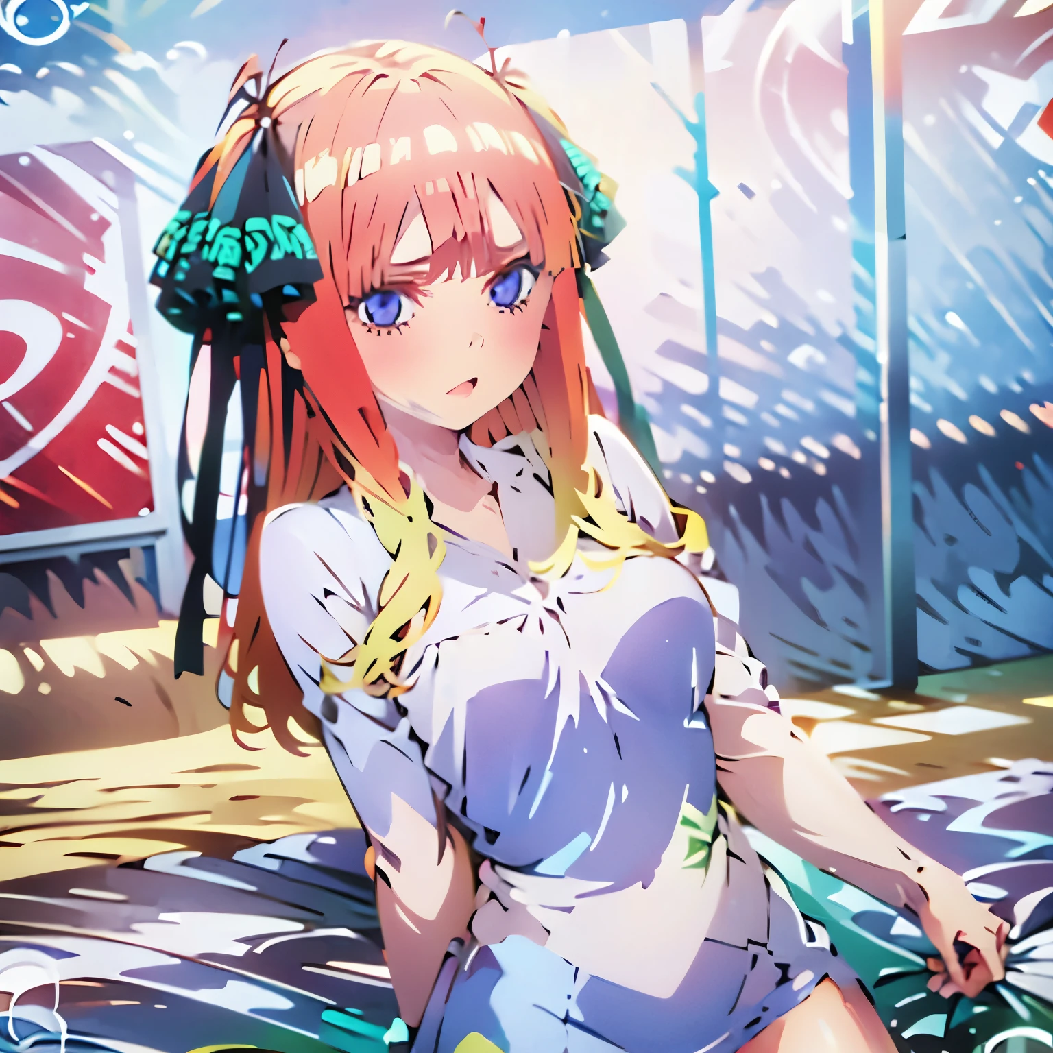 Anime girl with red hair and blue eyes in a blue dress - SeaArt AI