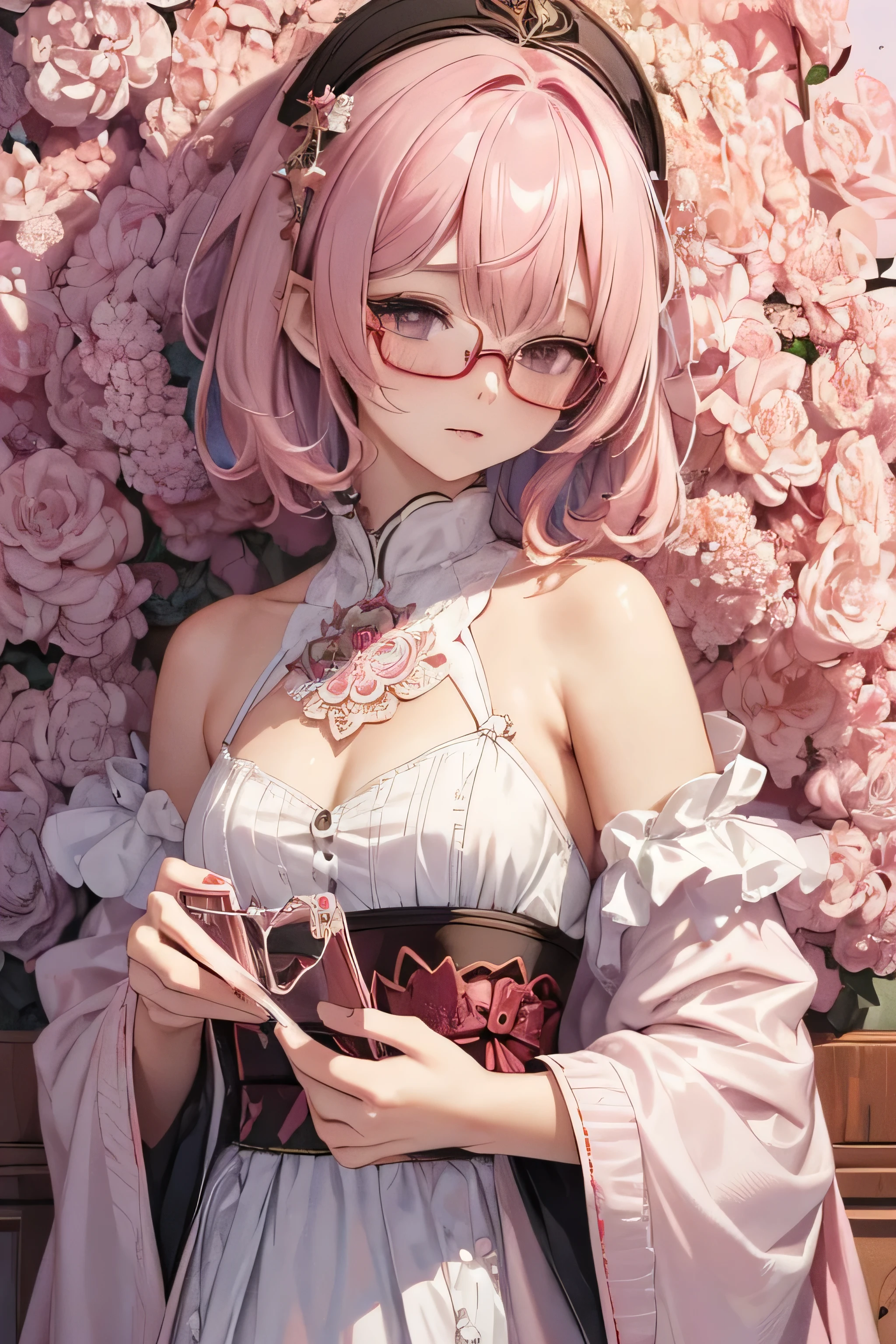 (masterpiece, excellent quality, excellent quality, official art, beautiful and aesthetic: 1.2), (1 girl : 1.3), (fractal art: 1.3), (((milky pink hair：1.5)))short bob hair:1.2 、(((thick red glasses with small frames:)))、、 [elf ears:0.7]