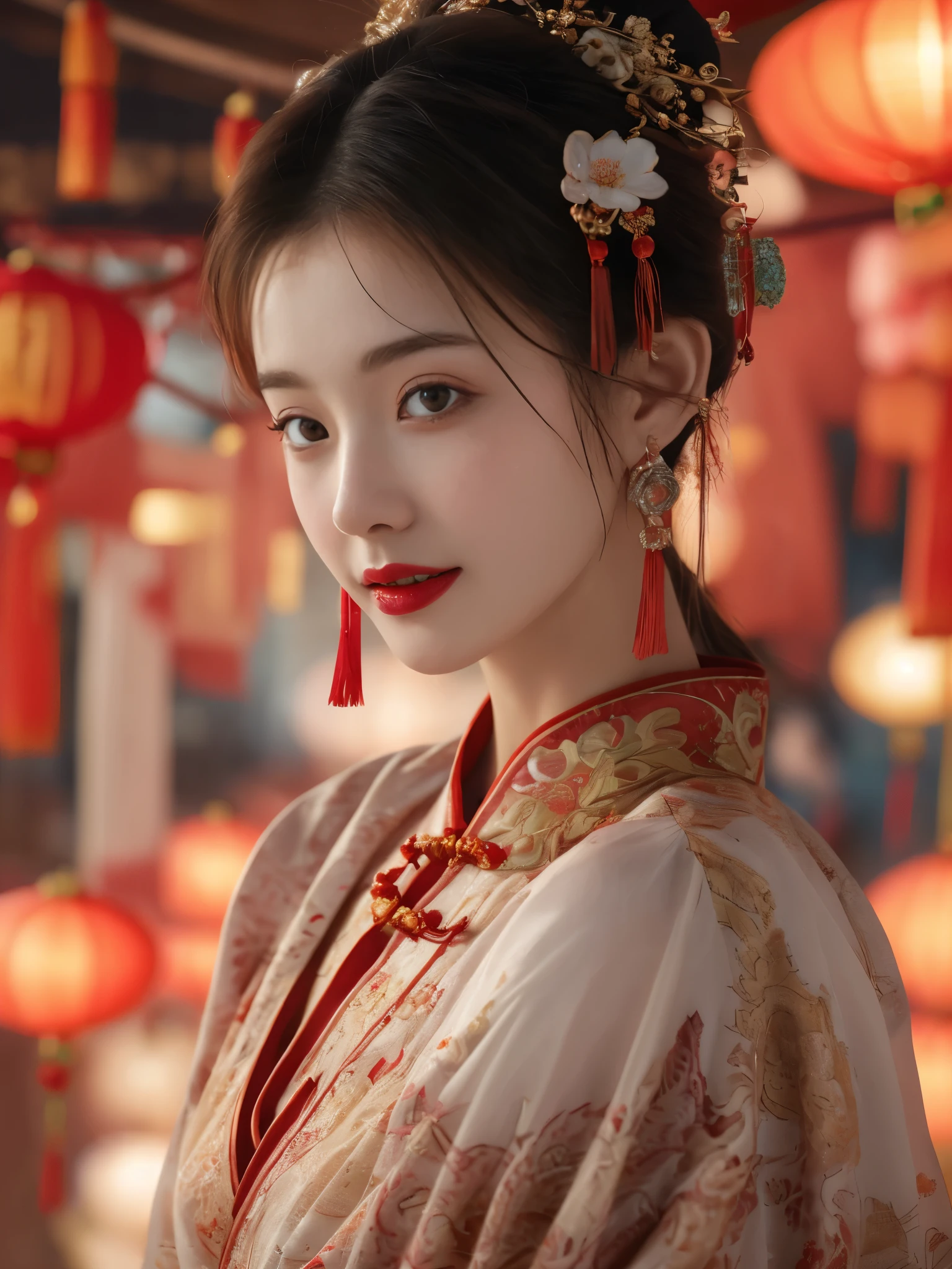 Spring Festival,1girl,solo,lantern,red lips,hair ornament,looking at viewer,chinese clothes,blurry,upper body,paper lantern,earrings,jewelry,makeup,black hair,brown hair,lipstick,smile,
best quality,masterpiece,illustration,an extremely delicate and beautiful,CG,unity,8k wallpaper,Amazing,finely detail,masterpiece,official art,extremely detailed CG unity 8k wallpaper,incredibly absurdres,huge filesize,ultra-detailed,highres,extremely detailed,beautiful detailed girl,realistic,