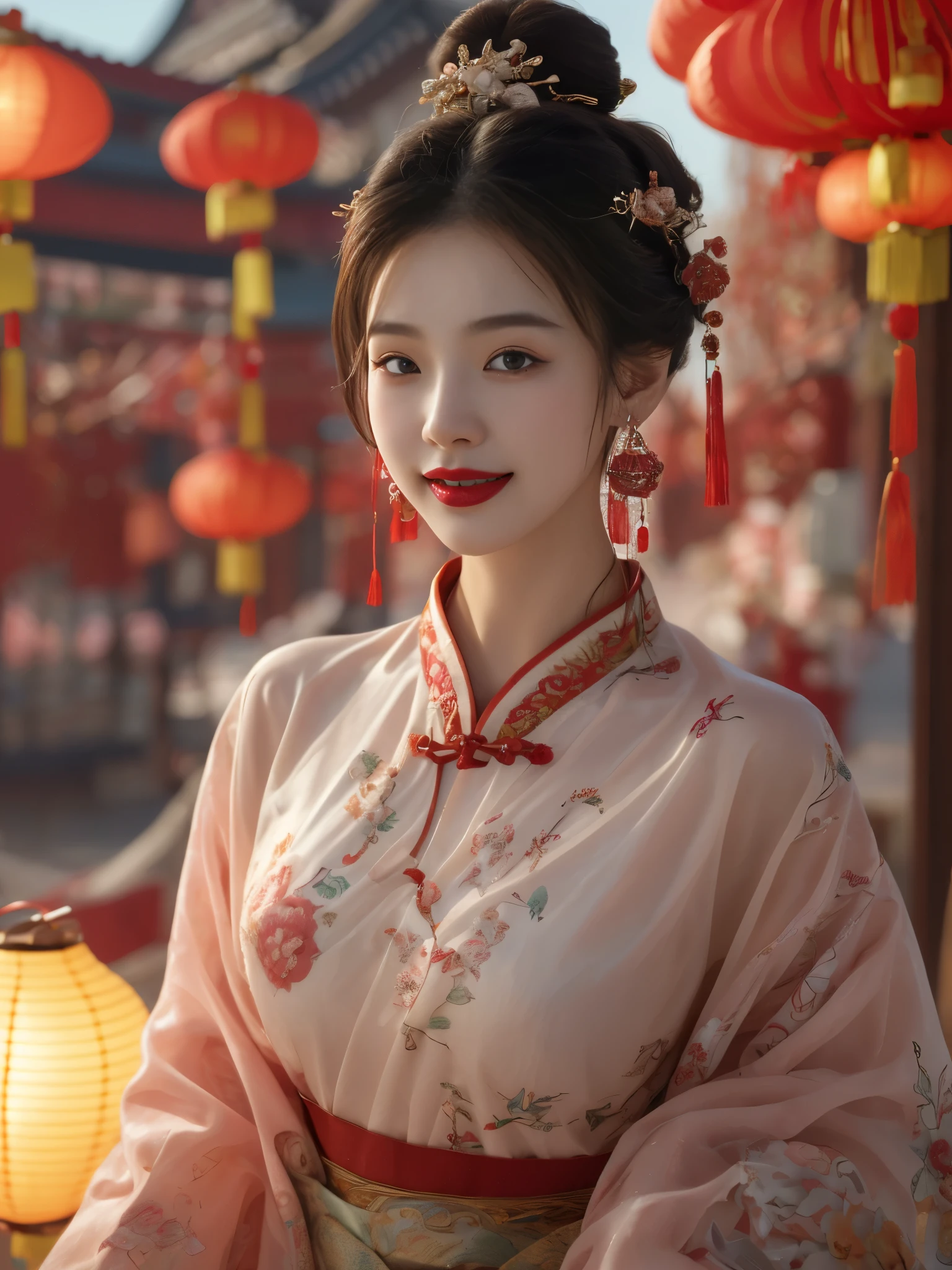 Spring Festival,1girl,solo,lantern,red lips,hair ornament,looking at viewer,chinese clothes,blurry,upper body,paper lantern,earrings,jewelry,makeup,black hair,brown hair,lipstick,smile,
best quality,masterpiece,illustration,an extremely delicate and beautiful,CG,unity,8k wallpaper,Amazing,finely detail,masterpiece,official art,extremely detailed CG unity 8k wallpaper,incredibly absurdres,huge filesize,ultra-detailed,highres,extremely detailed,beautiful detailed girl,realistic,