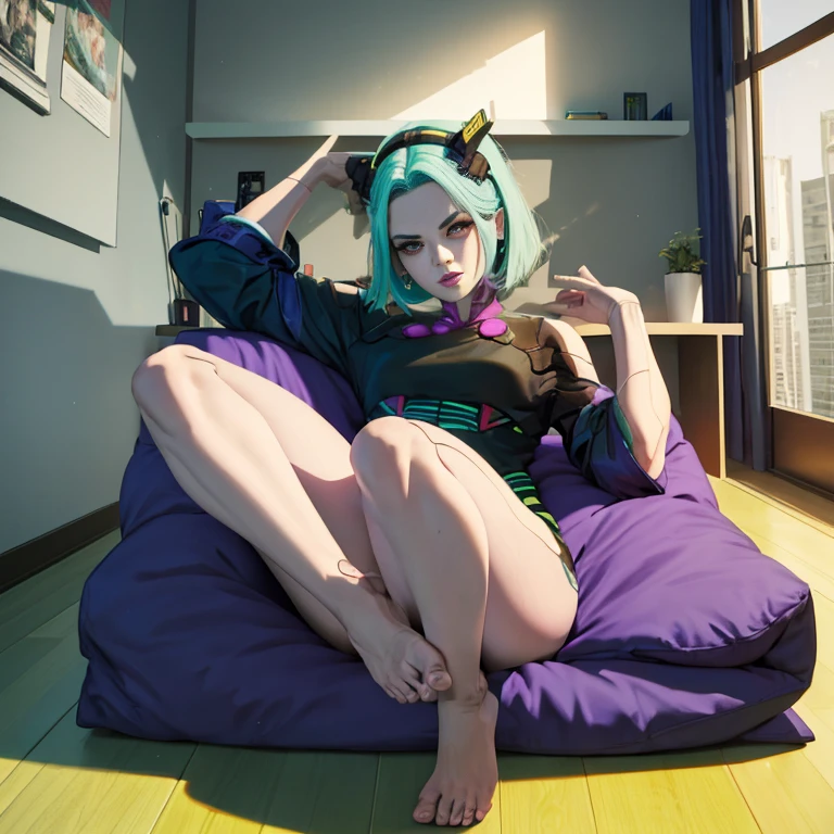 HD, high quality, High detail, women, ANDROID, defined green hair, short hair, Futuristic glued suit, serious face, room with bed and desk, standing, Full body photography, high depth, High detail. 