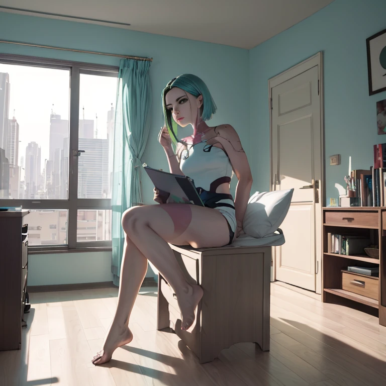 HD, haute qualité, Détail élevé, Femme, Android, cheveux verts définis, Cheveux courts, Costume collé futuriste, visage sérieux, chambre avec lit et bureau, debout, photographie du corps entier, grande profondeur, détail élevé. 