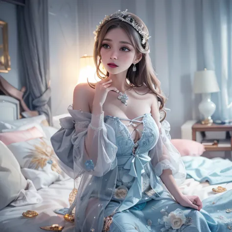 เอลซ่า โฟรเซ่น, ดิสนีย์,อายุ18 ผมสีขาว,สวย, เซ็กซี่, dress blue, bigboob, background white bed room, random pose,random acting,b...