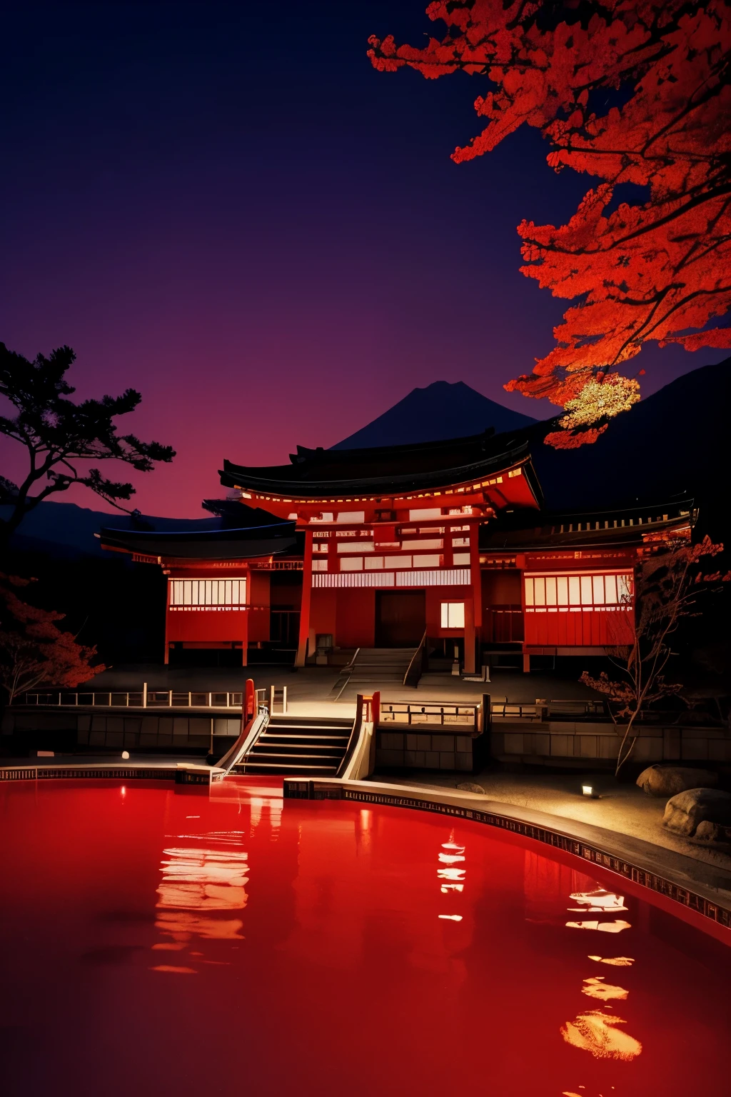 日本画風, Ukiyo-e style, 美術, 最高品質, 32K, RAW写真, 信じられないほど不条理な, 非常に詳細な, 地獄のリゾート, 血のように熱い温泉のプール, マグマ温泉, 赤紫色の光, ダークファンタジー, 繊細, 派手でダイナミックな描写